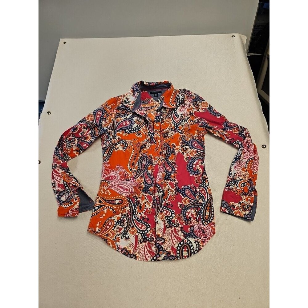 Tommy Hilfiger Colorful Paisley Button Front Long SleeveShirt Size Small Petite